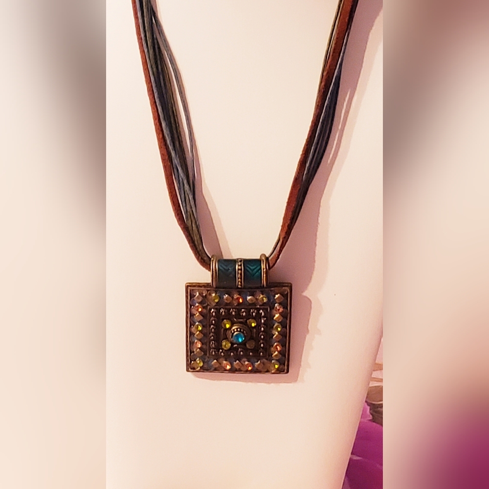 Multi-strand Leather Boho Bead Necklace In Teal and Brown,EUC. - Picture 3 of 3